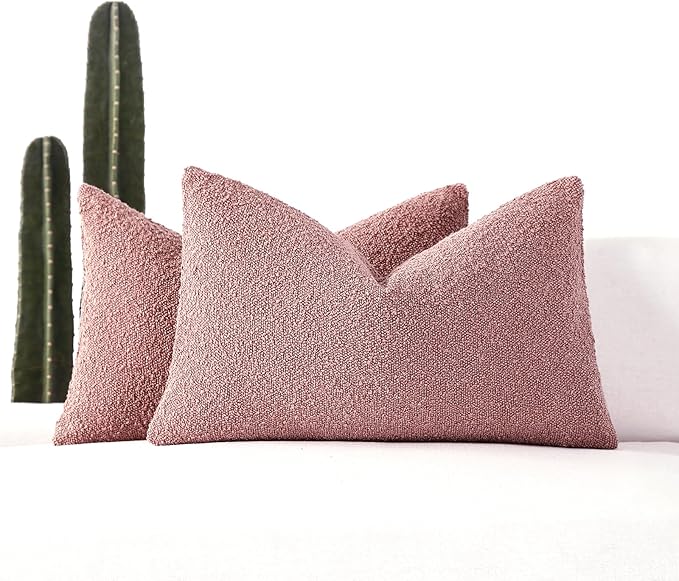 Boucle Decorative Lumbar Pillow Covers for Couch Set of 2, 12x20 inches, Pink
