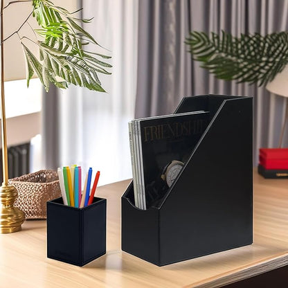 UnionBasic Magazine File Holder, Leatherette Desktop Document Organizer, Home Office Paper Holder File Storage Literature Sorter, Black
