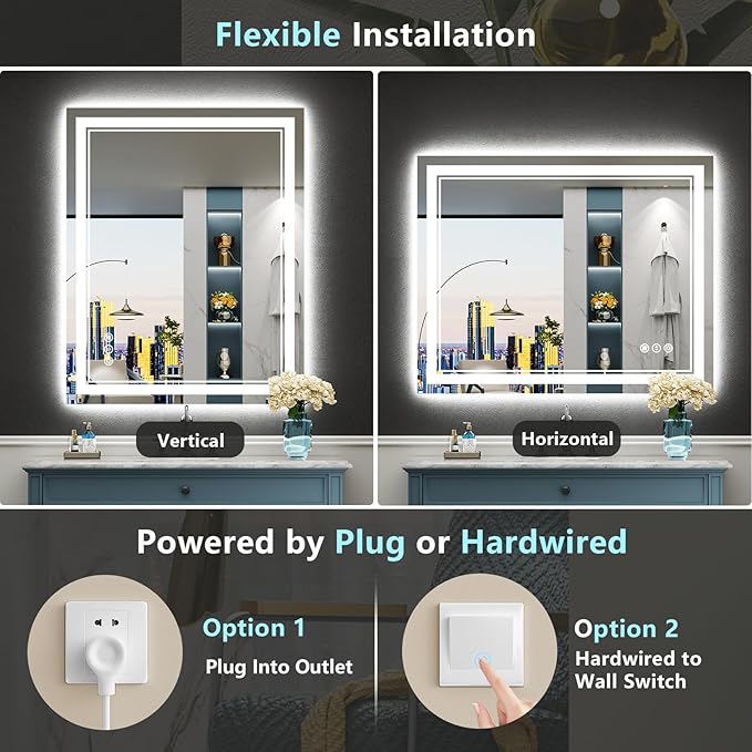 40x32 LED Bathroom Mirror with Lights, Backlit and Front Lit, Anti-Fog Lighted Vanity Mirrors for Bathroom Wall, Dimmable, 3-Color Light, Memory, Shatter-Proof, HD Tempered Glass, CRI＞90