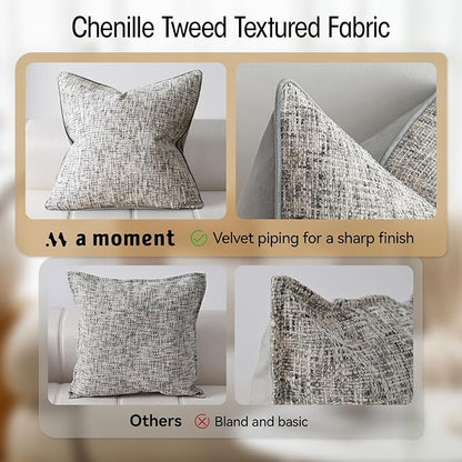 a moment Grey Reversible Pillow Covers 2 Pack - Farmhouse Chenille Throw Pillows, Neutral Textured Decorative Throw Pillow Covers with Border for Couch Sofa Bed (18x18 Inch, No Insert)