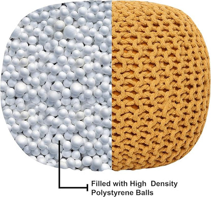 REDEARTH · Round Pouf Foot Stool Bean Bag Ottoman - Hand Knitted Boho Pouffe - Home Decor Poof - Stuffed Foot Rest for Living Room - Nursery - Bedroom - Patio (19.5"x19.5"x14") - Mustard, Set of 2