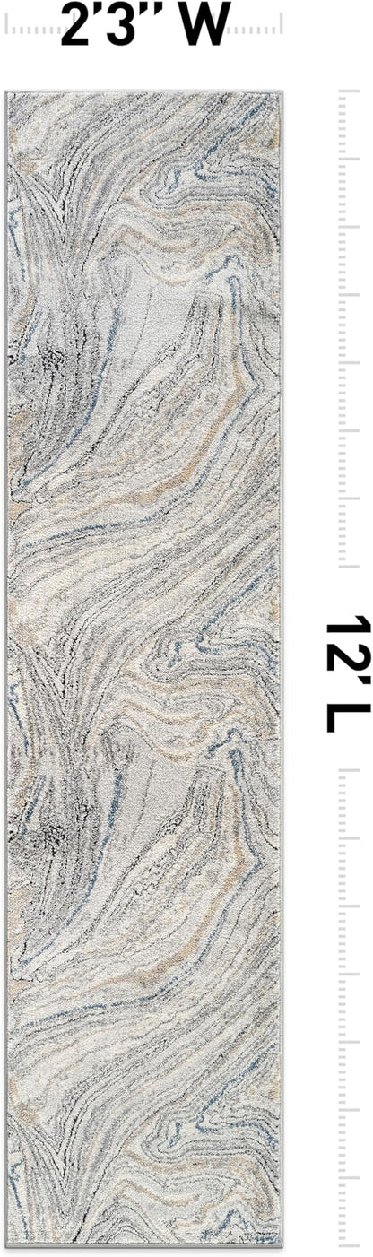 Rugshop Marble Swirl Distressed Gray Area Rug 2' 3" x 12' Runner Ideal for Hallway, Kitchen, Entryway, or Behind The Sofa
