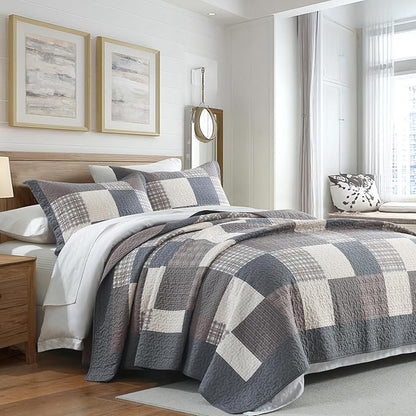 100% Cotton Quilts King Size, King Quilt Bedding Set Bedspread, Patchwork Plaid Quilt for King Bed, 3 Pieces Farmhouse Reversible Lightweight Comforter Bed Spread, Gray/Brown/Beige