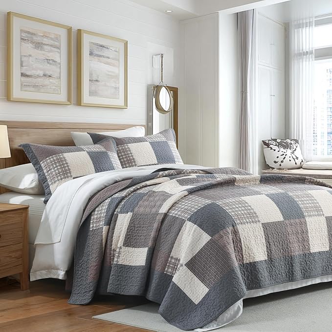 100% Cotton Quilts Queen Size, Queen Quilt Bedding Set Bedspread, Patchwork Plaid Quilt for Queen Bed, 3 Pieces Farmhouse Reversible Lightweight Comforter Bed Spread, Gray/Brown/Beige