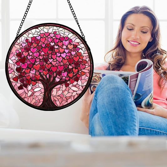 DASTOLL Stained Glass Window Hanging, Pink Love Tree of Life Sun Catchers Colorful Glass Panel Suncatcher Decor for Birthday for Women, Men, Wife, Lovers, and Mom 14.9x14.9 in