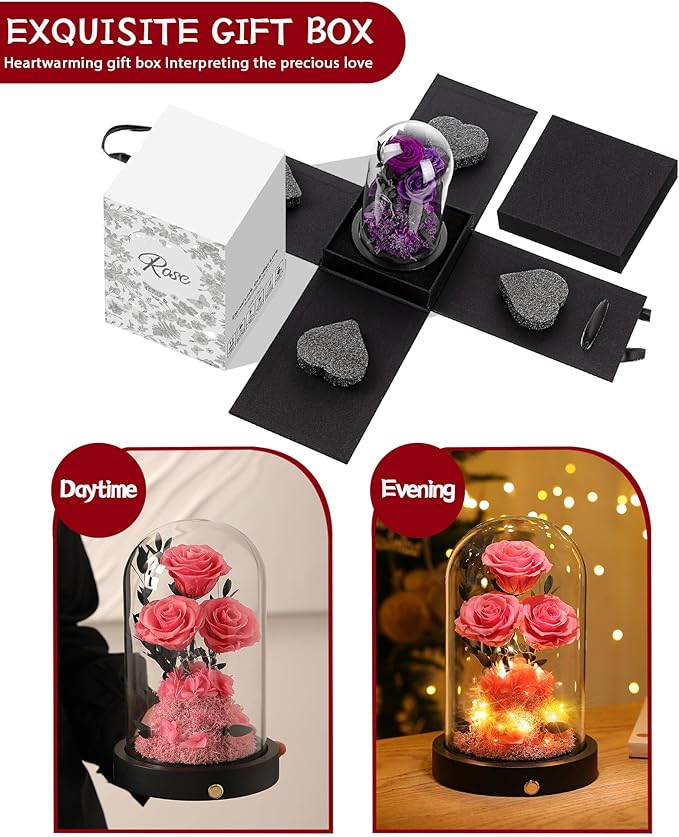 Valentines Day Flowers Roses Gifts for Her,Forever Real Preserved Roses in Glass Dome,Valentines Day Anniversary Birthday Gifts for Wife Girlfriend Women Mom Best Friend Her/Pink Rose