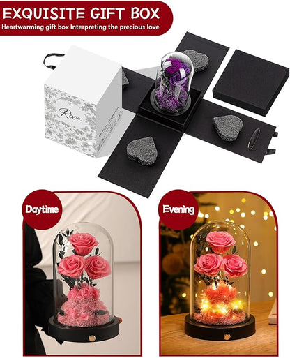 Valentines Day Flowers Roses Gifts for Her,Forever Real Preserved Roses in Glass Dome,Valentines Day Anniversary Birthday Gifts for Wife Girlfriend Women Mom Best Friend Her/Pink Rose