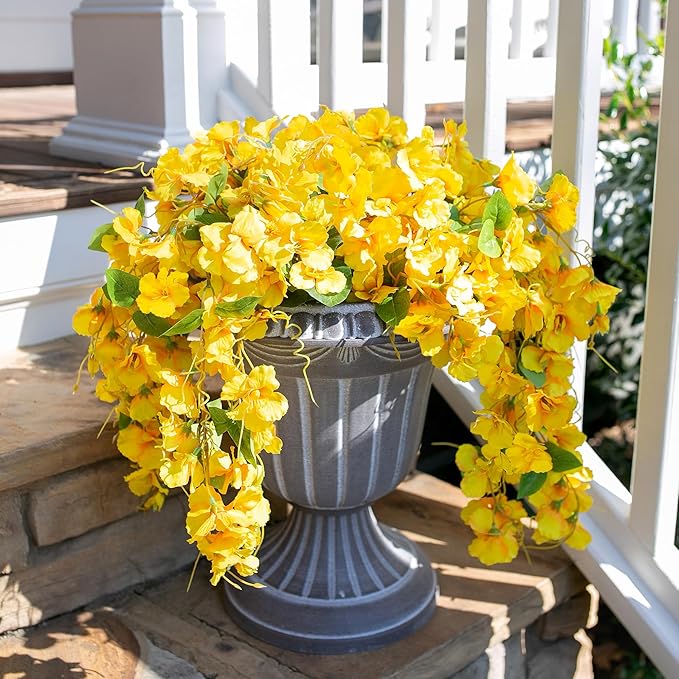 Fake Hibiscus Artificial Hanging Flowers Plants for Outdoors Spring Decoration, 2pcs Silk Hibiscus Vines Realistic UV Resistant Yellow Faux Flowers for Outside Planter Porch Patio Yard Wedding Party