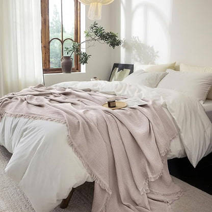 FOSSA Muslin Blanket with Fringe - 4-Layer 100% Cotton Gauze Super Soft & Breathable Throw -Lightweight Decorative Cooling Blanket for Bed, Sofa, Office (Greyish Pink, King (104" × 90"))