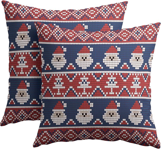 Dark Blue Red Christmas Pillow Covers 18x18 Set of 2 Xmas Santa Tree Pattern Rustic Decorative Outdoor Farmhouse Pillowcases Decorations Winter Holiday Throw Cushion Cover Decor for Couch Sofa Bed