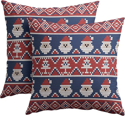 Dark Blue Red Christmas Pillow Covers 18x18 Set of 2 Xmas Santa Tree Pattern Rustic Decorative Outdoor Farmhouse Pillowcases Decorations Winter Holiday Throw Cushion Cover Decor for Couch Sofa Bed