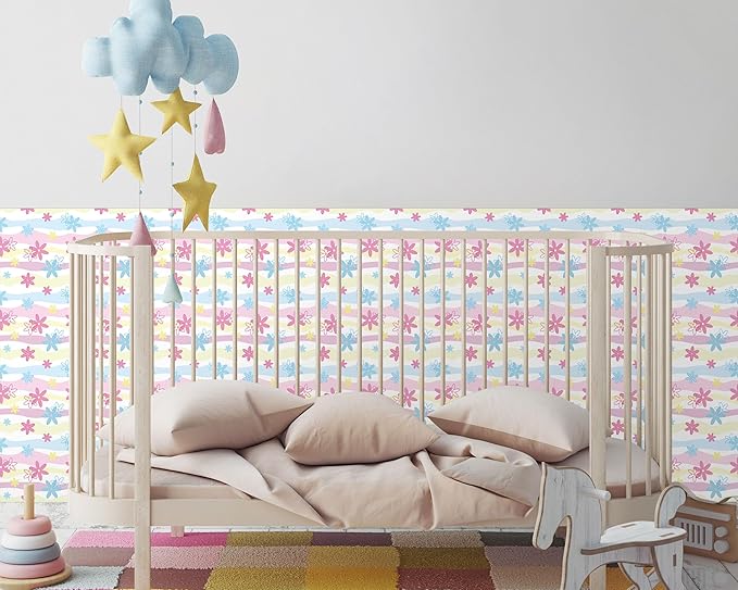 FLFK Wallpaper Border, Rainbow Flowers Peel and Stick Wall Border Self Adhesive Wall Paper Borders for Bedroom Living Room Girl's Room Kitchen Bathroom 7"x240"