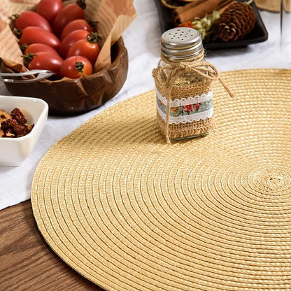 AHHFSMEI Round Braided Placemats 15 Inch Round Table Mats for Dining Tables Natural Woven Heat Resistant Place mats Set of 6 (Wheat Yellow)