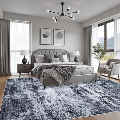 9x12 Area Rug Living Room Rug: Washable Modern Abstract Soft Thin Rug Indoor Floor No Slip Stain Resistant Carpet for Bedroom Dining Room Farmhouse Nursery Home Office - Black