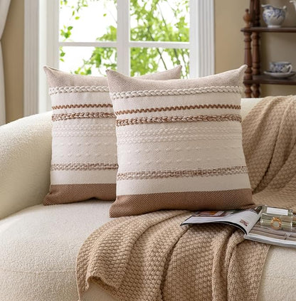 Boho Throw Pillow Covers 18x18 Inch Set of 2, Brown Textured Decorative Couch Pillow Cases for Farmhouse Home Decor, Accent Cushion Cover for Sofa, Bed, Living Room, Bedroom