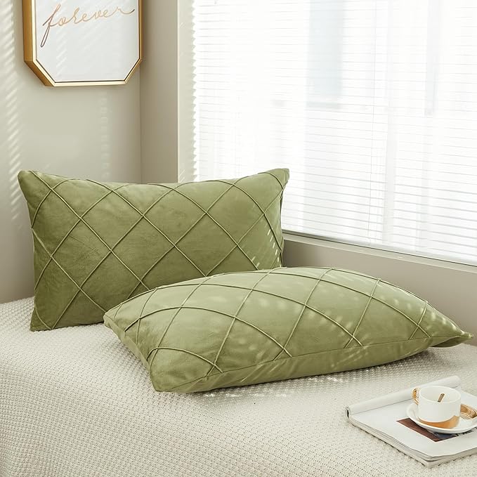 JAUXIO Diamond Pinch Pleated Crystal Velvet Pillowcases 2 Pack Solid Pintuck Throw Cushion Cover for Home Decor Hidden Zipper Closure (Sage, Standard)
