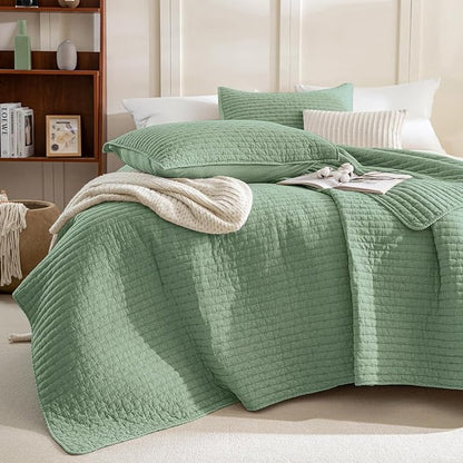 Sanracie Stonewashed Cotton Coverlet Queen Size(90"x98"), Green Ultra Soft Crinkle Quilt Bedding Set 3Pcs Cross Stitch Pattern Lightweight Breathable Bedspread Set for All Season