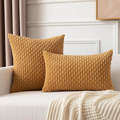 Kevin Textile Throw Pillow Covers Soft Corduroy Decorative Set of 2 Boho Striped Pillow Covers Pillowcases Farmhouse Home Decor for Couch Bed Sofa Living Room 18x18 Inch Gold