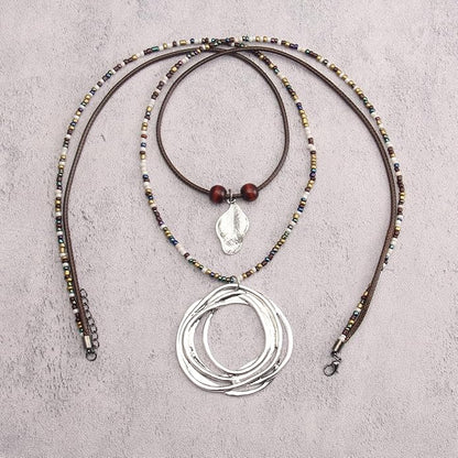 Leather Necklace for Women Boho Choker Necklace Long Cord Leather Pendant Bohemian Neckalce Vintage Alloy Pendant Leather Rope Necklace Wooden Necklaces for Women