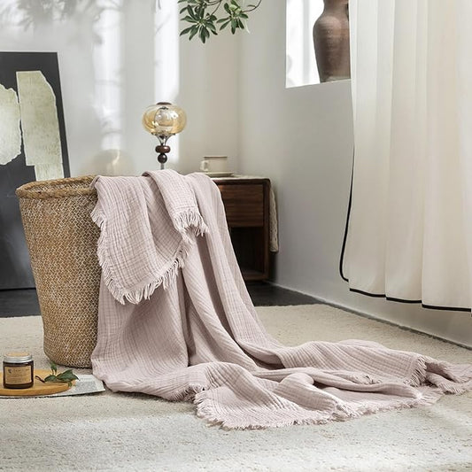 FOSSA Muslin Blanket with Fringe - 4-Layer 100% Cotton Gauze Super Soft & Breathable Throw -Lightweight Decorative Cooling Blanket for Bed, Sofa, Office (Greyish Pink, Twin XL (66" × 90"))