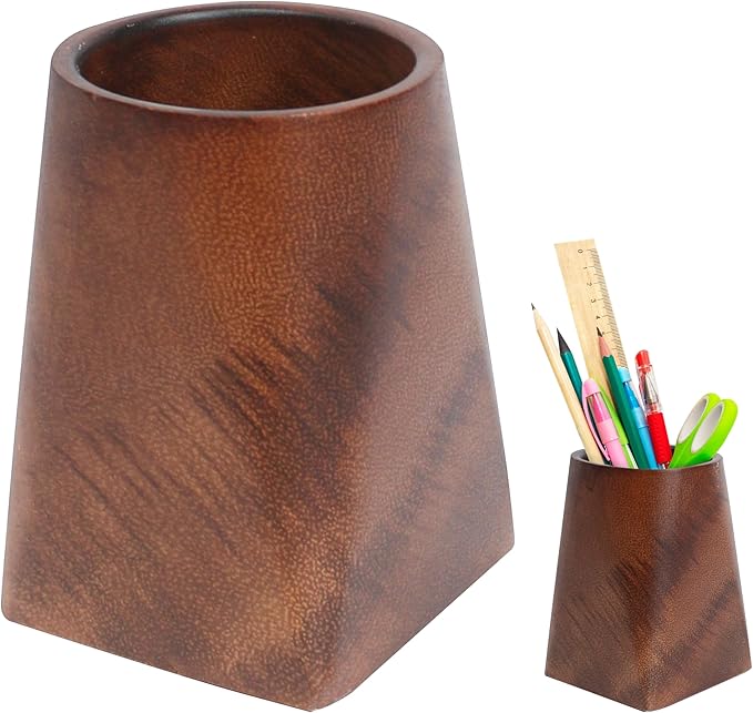 Walnut Pencil Holder, Wooden Desk Pen Holder, 4 Inch Wood Cup Organizer Caddy Stand, Vintage Rustic Box for Desktop Supplies Accessories Makeup Brushes Stationery Men Offices Decoration, Whole Piece