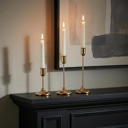 3 Pcs Gold Candlestick Holders Set - Vintage Brass Taper Candle Holder for Pillar Candles - Modern Decorative Centerpiece for Wedding Fireplace Mantel Decor - Cozy Atmosphere Housewarming Gift