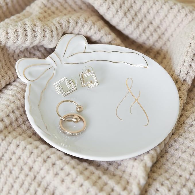 COLLECTIVE HOME - Personalized Initial Ceramic Jewelry Tray with Bow, Christmas Gift Ideas for Women, Small Gift for Girlfriend Wife, Ring Holder, Earrings Dish, Birthday Gift for Her (F)
