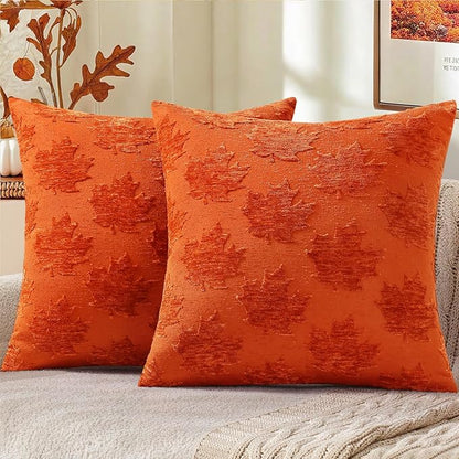 decorUhome Decorative Rust Maple Leaf Thanksgiving Throw Pillow Covers 18x18 Set of 2, Soft Chenille Jacquard Farmhouse Textured Pillow Covers for Couch Bed Sofa Autumn Harvest Halloween Holiday