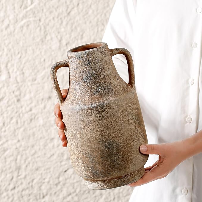 Ceramic Rustic Flower Vase, 10.94 Inch Pottery Modern Vase for Shelf, Tabletop, Vintage Farmhouse Home Decor for Coffee Table, Living Room, Mantle, Fireplace, Entryway