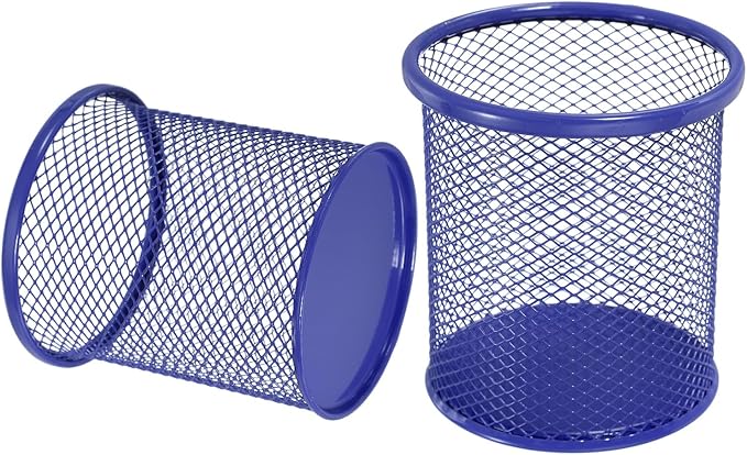 uxcell 2Pcs Mesh Pencil Holder, Metal Pen Cup Desk Organizer Makeup Brush Cup Holder for Home, Office, Classroom(Blue)