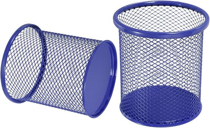 uxcell 2Pcs Mesh Pencil Holder, Metal Pen Cup Desk Organizer Makeup Brush Cup Holder for Home, Office, Classroom(Blue)
