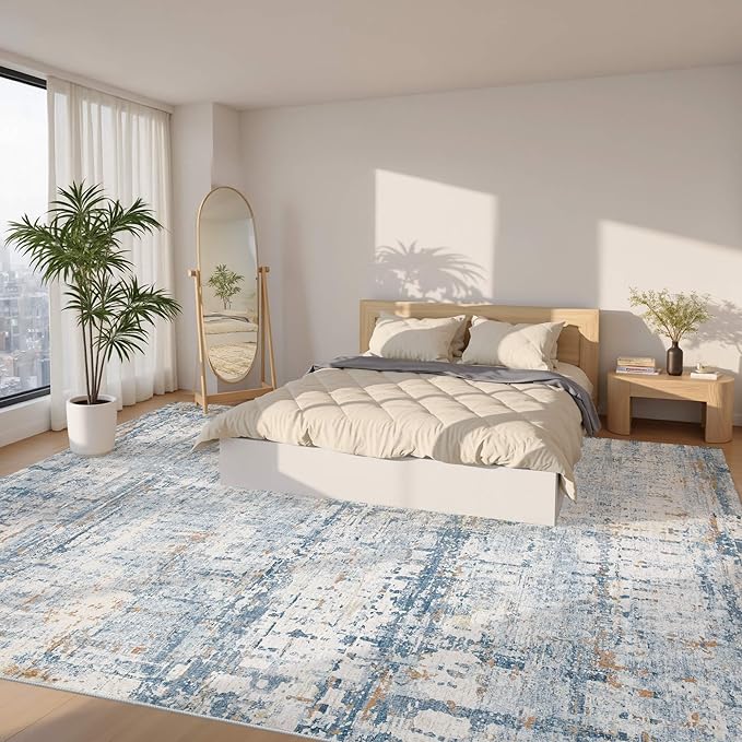 9x12 Area Rug for Living Room, Extra Large Washable Rug, Soft Blue Abstract Rug for Bedroom, Office, Farmhouse, Low Pile Imitation Wool Non Slip Carpet Ideal for High-Traffic Areas, Blue Beige