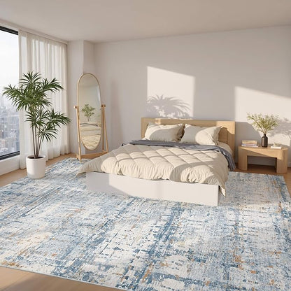 9x12 Area Rug for Living Room, Extra Large Washable Rug, Soft Blue Abstract Rug for Bedroom, Office, Farmhouse, Low Pile Imitation Wool Non Slip Carpet Ideal for High-Traffic Areas, Blue Beige