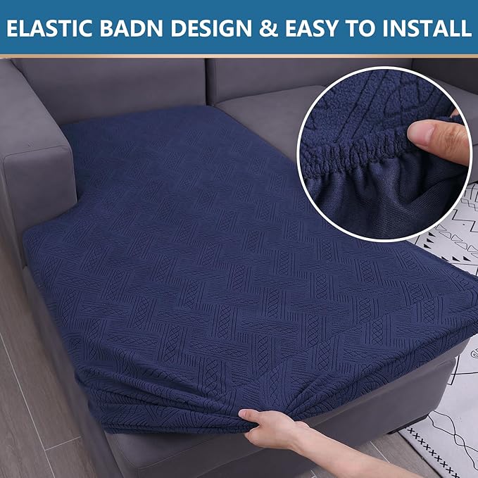 hyha Couch Cushion Covers, Stretch Sofa Seat Cushion Slipcover, Sectional Couch Covers L Shape with Elastic Bottom for Sectional Sofa(Chaise, Navy)