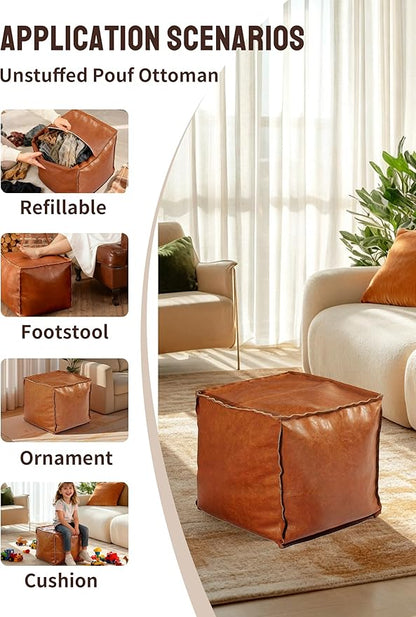Unstuffed Pouf Ottoman Cover – 17.5in Square Handmade Moroccan Faux PU Leather Ottoman Cover – Tear-Resistant Waterproof Pouf Cover Only, No Filler, for Living Room, Bedroom, Dorm, Office – Brown