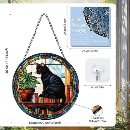 Rngmsi Black Cat Stained Glass Window Hanging Gifts for Women, 7.8″ Book Suncatchers for Indoor Window Decor, Decorative Sun Catchers Home Wall Art Gift for Thanksgiving Christmas Housewarming