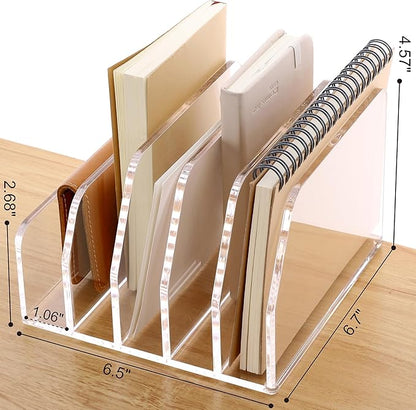 SANRUI Acrylic Desk Mail Organizer Sorters, Clear 5 Upright Compartments Laddered Desktop File Letter Holder, Multifunction Envelope Vertical Folder Racks Document Holders for Office, Home, School