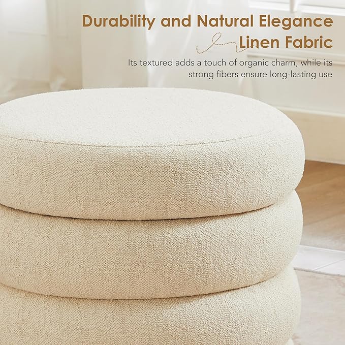 Flouki 20.1" Storage Ottoman Round, Vanity Stools for Bedroom, Linen Pouf Ottoman with Removable Lid, Modern Ottoman Stool for Girls Women, Foot Stool for Living Room, Beige