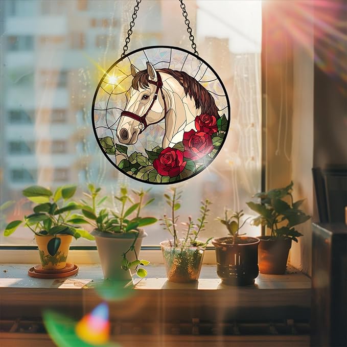Bimkole Horse Sun Catchers Indoor Window - Flowers Acrylic Suncatcher Hanging Decoration for Living Room Bedroom Summer Home Balcony Outdoor Garden Ornaments Decoration 7.8x7.8 Inch