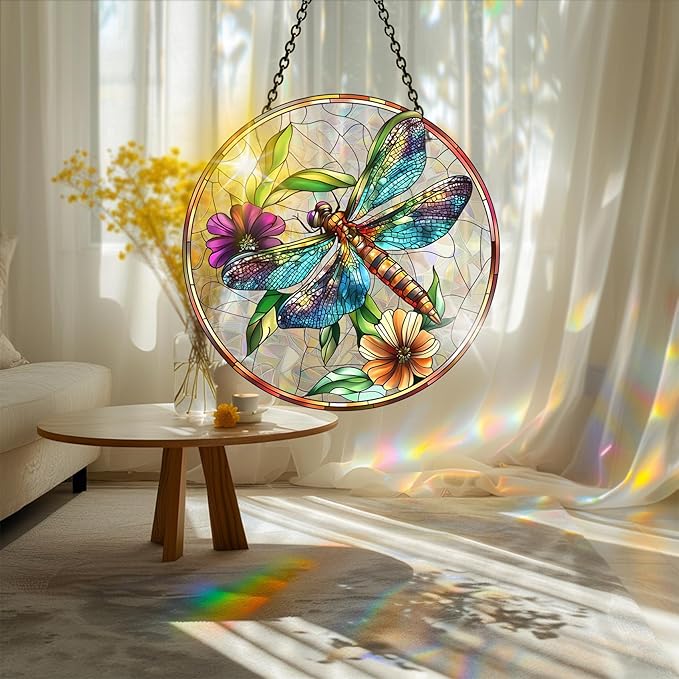 Bimkole Dragonfly Sun Catchers Indoor Window - Flowers Acrylic Suncatcher Hanging Decoration for Living Room Bedroom Summer Home Balcony Outdoor Garden Ornaments Decoration 7.8x7.8 Inch