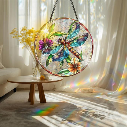 Bimkole Dragonfly Sun Catchers Indoor Window - Flowers Acrylic Suncatcher Hanging Decoration for Living Room Bedroom Summer Home Balcony Outdoor Garden Ornaments Decoration 7.8x7.8 Inch