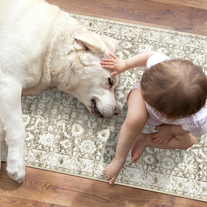 Runner Rug 2.6x10, Beige Tan White Washable Long Hallway Rug Runner Non-Slip Soft Kitchen Runner Thin Printed Faux Wool Super Soft Carpet for Entryway Bedroom Laundry Room Indoor Home Decor