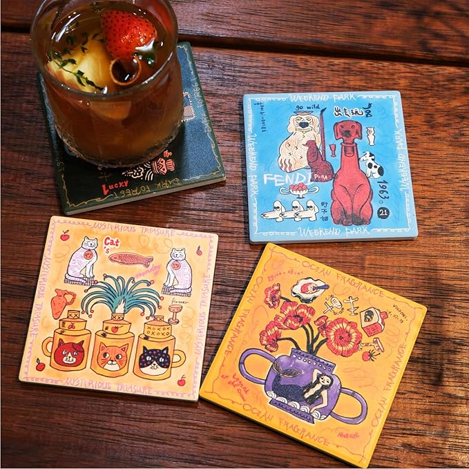 SAMCAM Colorful Art Coasters Set of 4 - Absorbent Ceramic Coasters with Protective Cork Back for Drinks, Cute Table Decor & Gift for Housewarming, 4 Inch