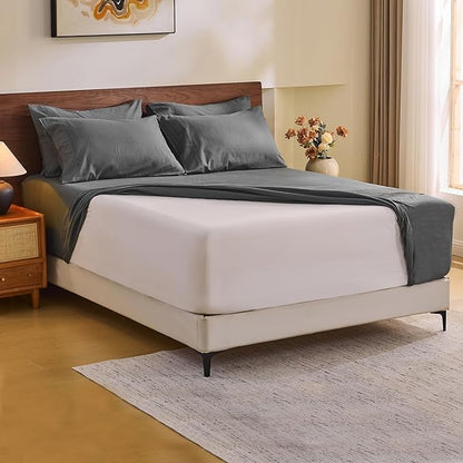 MEISHANG 100% French Pure Linen Sheets Queen Size - Extra Deep Pocket Sheet Set, Soft Durable Flax Linen, Anti-Tear Breathable & Oeko-Tex Certified 18-24 Deep Pocket,All Season(Dark Grey)