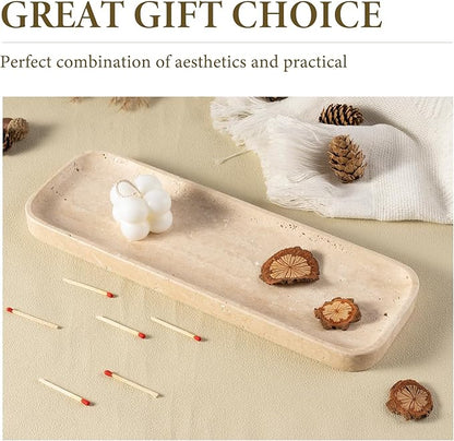 Koville Travertine Tray for Bathroom Sink, 12"x4" Natural Stone Vanity Tray for Kitchen Dresser Countertop, Rectangular Decorative Marble Tray for Jewelry Perfume Trinket(Beige)