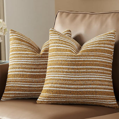 AmHoo Pack of 2 Textured Boucle Throw Pillow Covers Accent Striped Cozy Soft Decorative Couch Cushion Case for Chair Sofa Bedroom Living Room Home Decor 20 x 20-Inch Nugget Gold