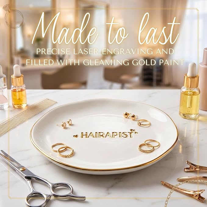 InnoBeta Hair Stylist Gifts, Hairdresser Gifts for Women, Ceramic Jewelry Tray, Decorative Trinket Dish for Rings Earrings Necklaces Bracelet Watch Keys, 4.75", White Surface Gold