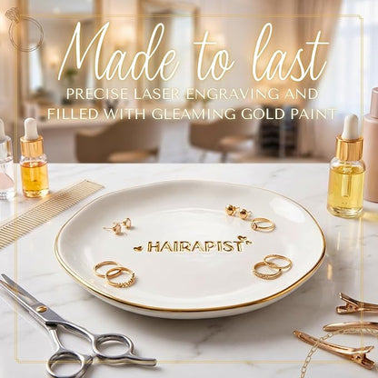 InnoBeta Hair Stylist Gifts, Hairdresser Gifts for Women, Ceramic Jewelry Tray, Decorative Trinket Dish for Rings Earrings Necklaces Bracelet Watch Keys, 4.75", White Surface Gold
