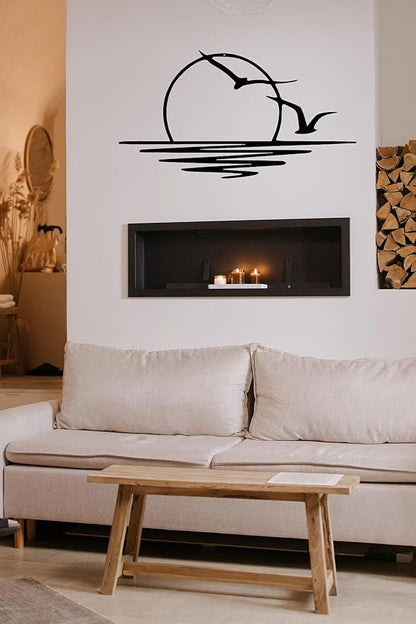 Benziso Sun Metal Wall Art Abstract Sunset with Seagulls Metal Wall Decor Minimalist Sunrise Line Art for Living Room Kitchen Bathroom Indoor Outdoor