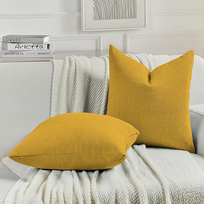 FUTEI Mustard Yellow Chenille Decorative Throw Pillow Covers 22x22 Inch Set of 2,Soft Cozy Faux Linen Textured Cushion Case,Farmhouse Home Decor for Couch Living Room